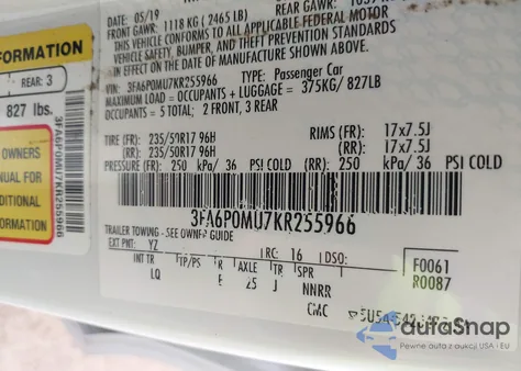 2019 Ford Fusion Hybrid Sel from USA, damaged, VIN 3FA6P0MU7KR255966